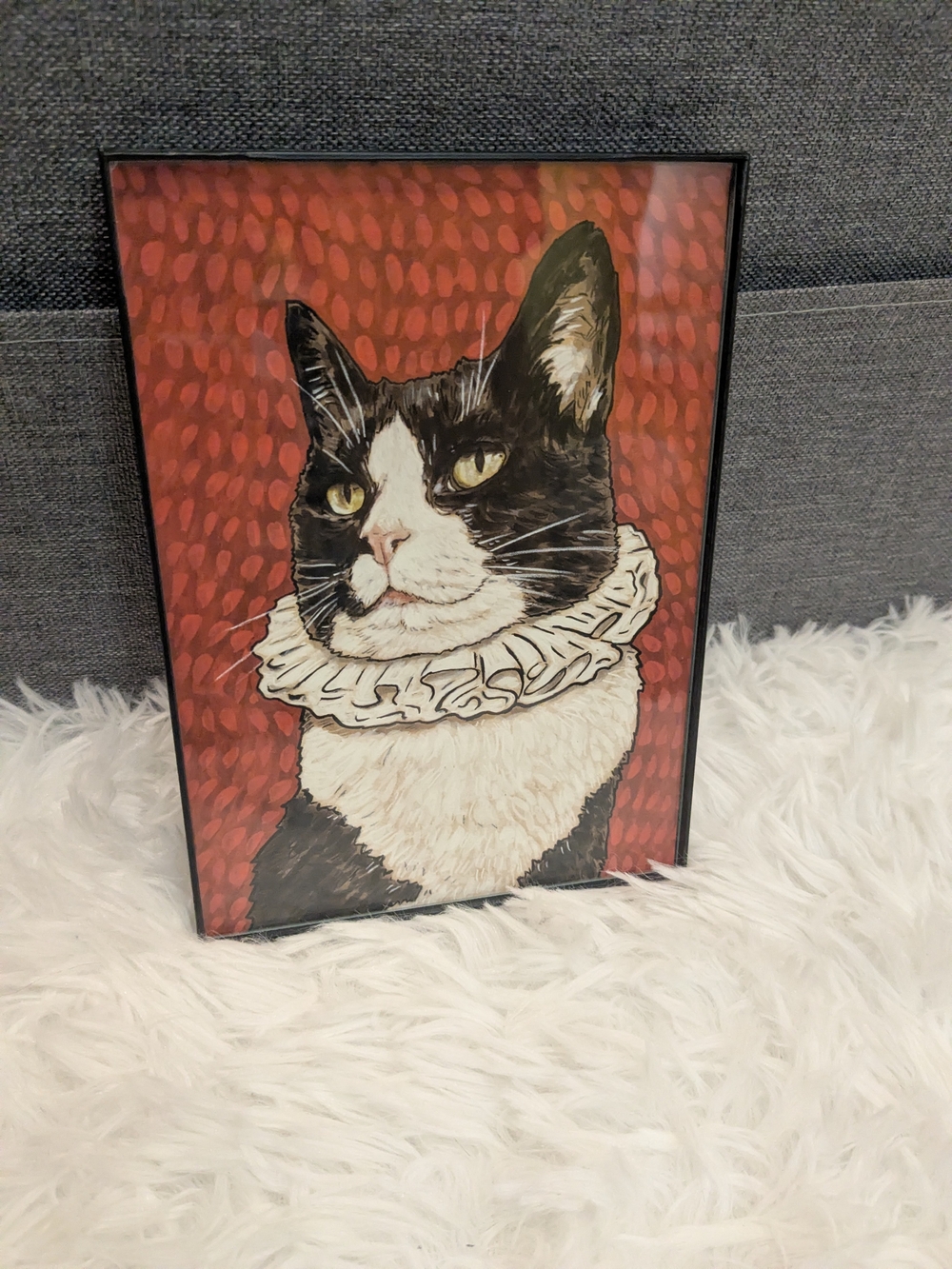Cat Portrait Wall Art - Black & White Cat on Red Background 5x7 Comes Framed.